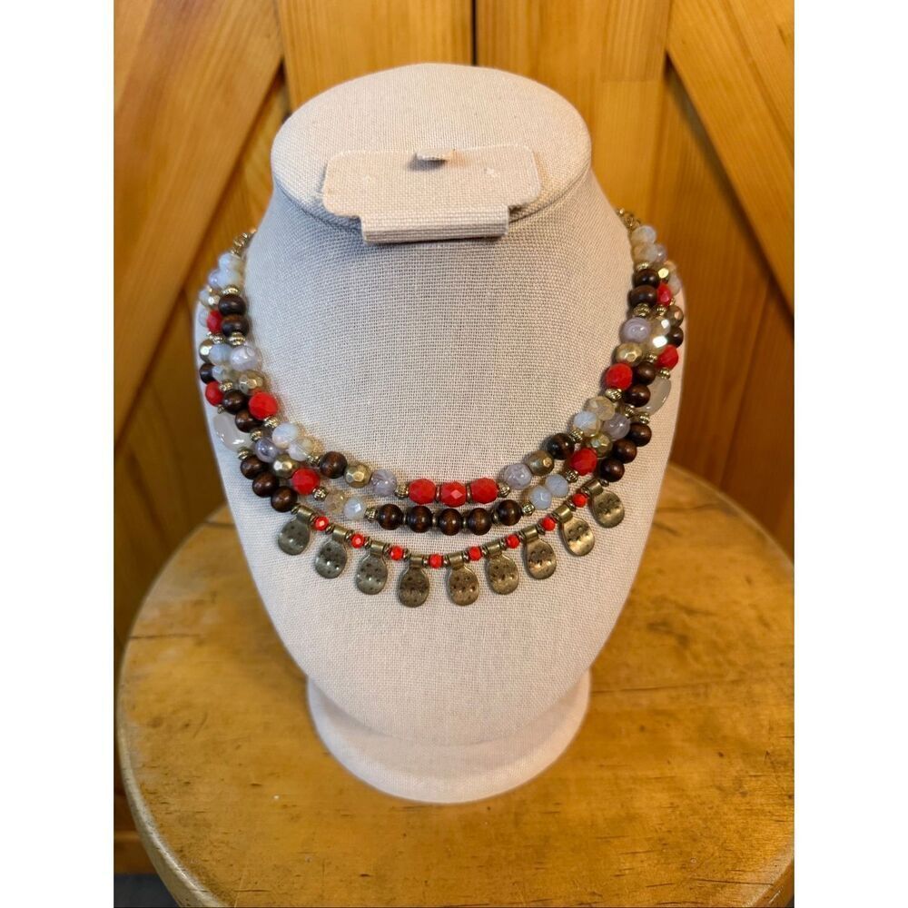 Three Layered Strand Red Brown Gold White Beaded Necklace 18" Gold Toned Chain (
